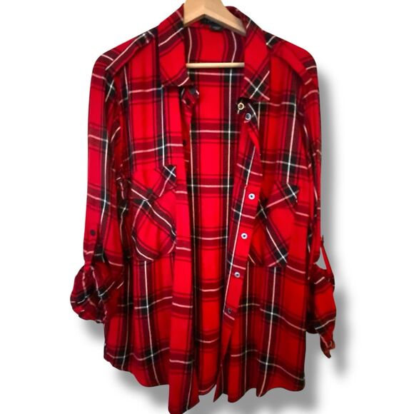 Sanctuary Shirt Women's Red Black Plaid Button Up / Snaps Boyfriend Shirt XL S - Picture 4 of 9